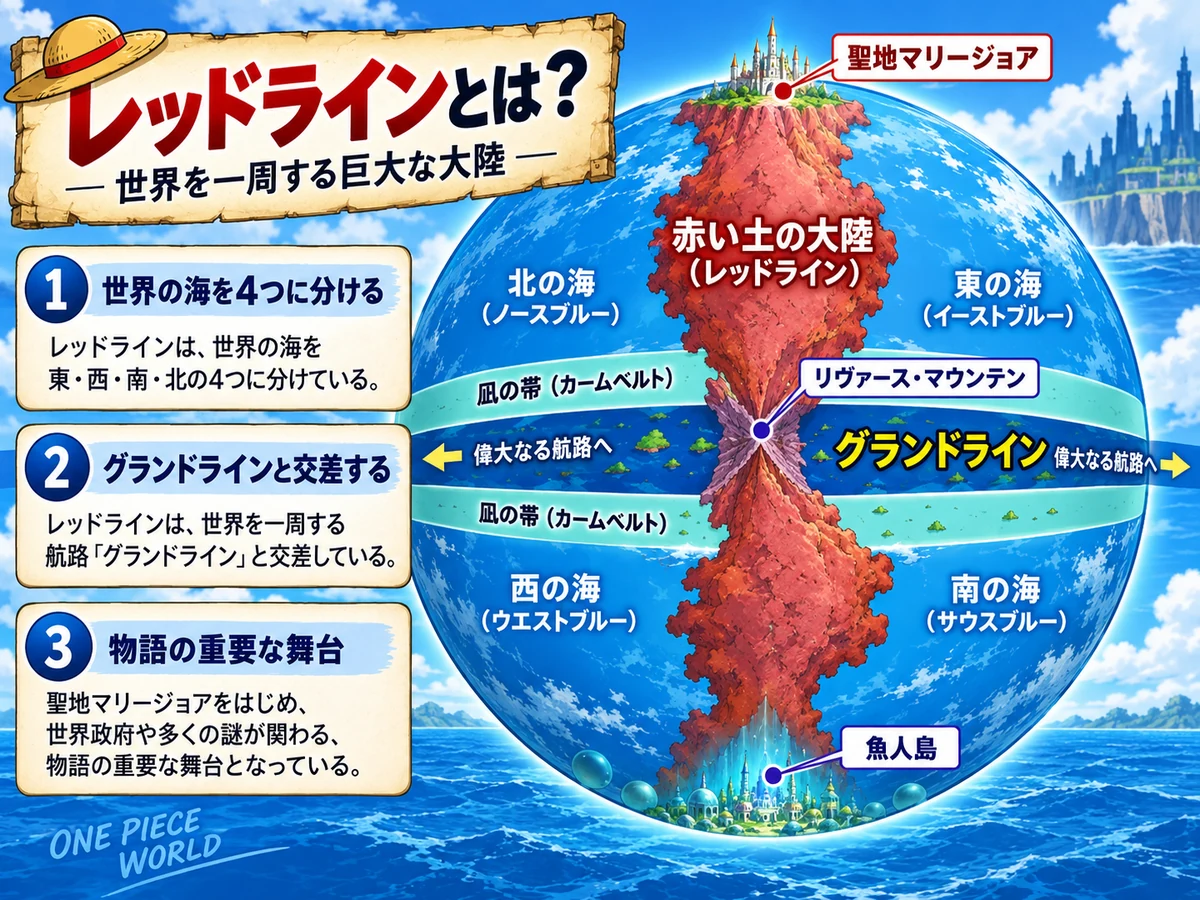 ONE PIECEのレッドラインとグランドラインの位置関係を解説した図